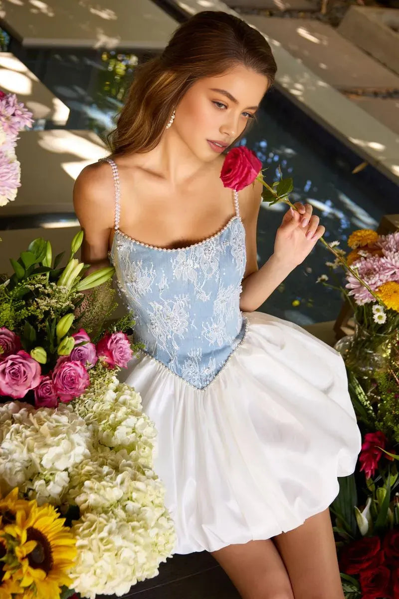 Lace-up Corset Sweetheart Spaghetti Strap Lace Ballerina Mini Homecoming Dress with Beaded Straps