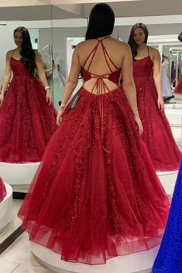 Lace Applique Ball Gown Square Neck Sleeveless Backless Floor-Length Prom Gown
