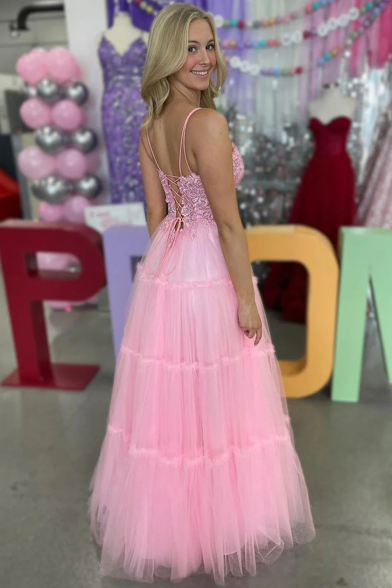 Lace Applique Corset A-Line Deep V Neck Double Spaghetti Strap Tiered Tulle Floor Length Prom Evening Gown