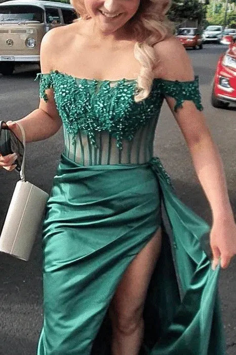 Lace Applique Mermaid Off-Shoulder Sleeveless Backless Floor-Length Prom Gown