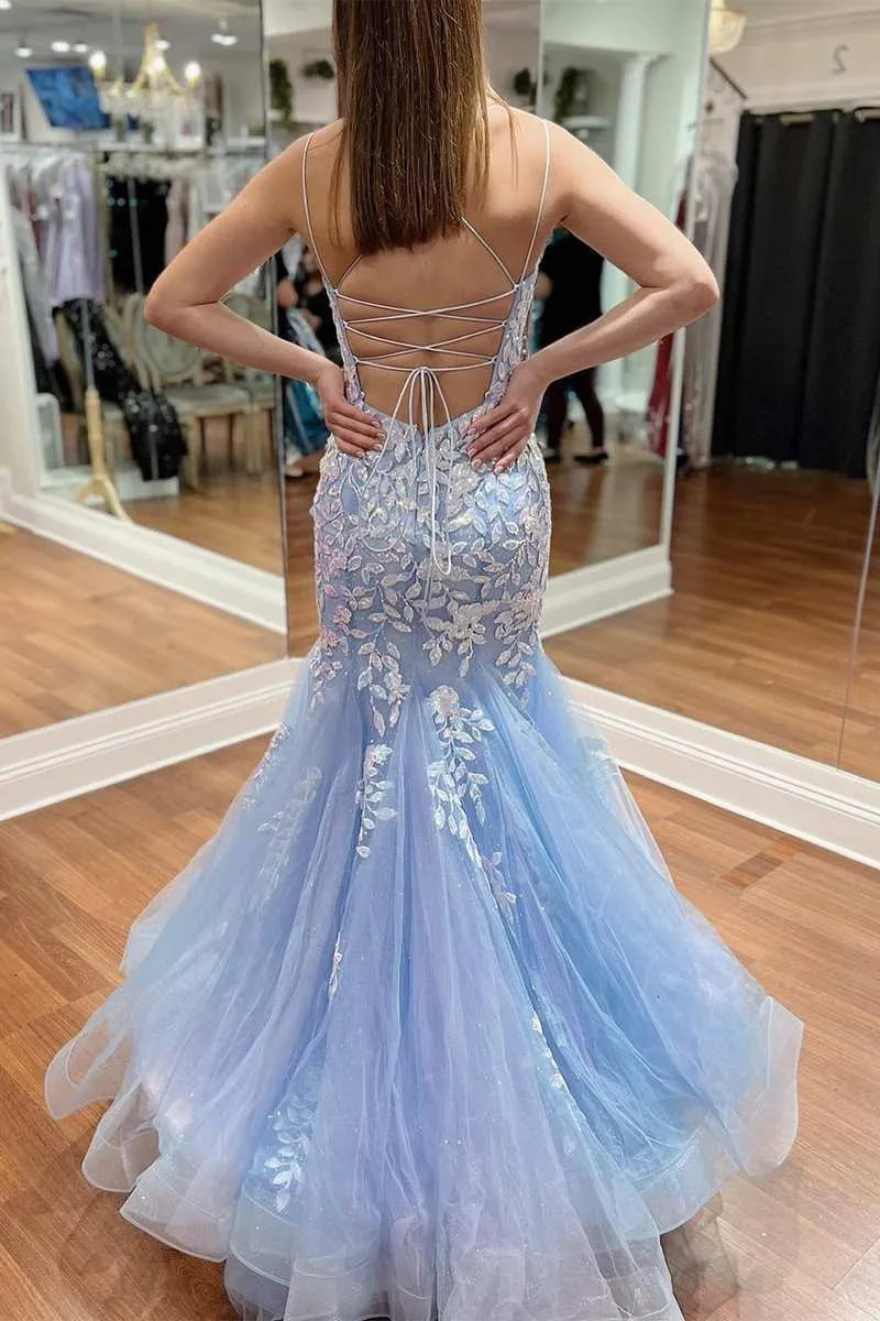 Lace Applique Mermaid V-Neck Sleeveless Lace-Up Floor-Length Prom Gown