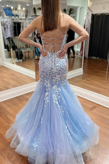 Lace Applique Mermaid V-Neck Sleeveless Lace-Up Floor-Length Prom Gown