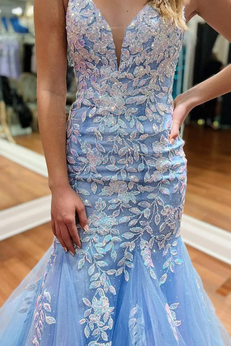 Lace Applique Mermaid V-Neck Sleeveless Lace-Up Floor-Length Prom Gown