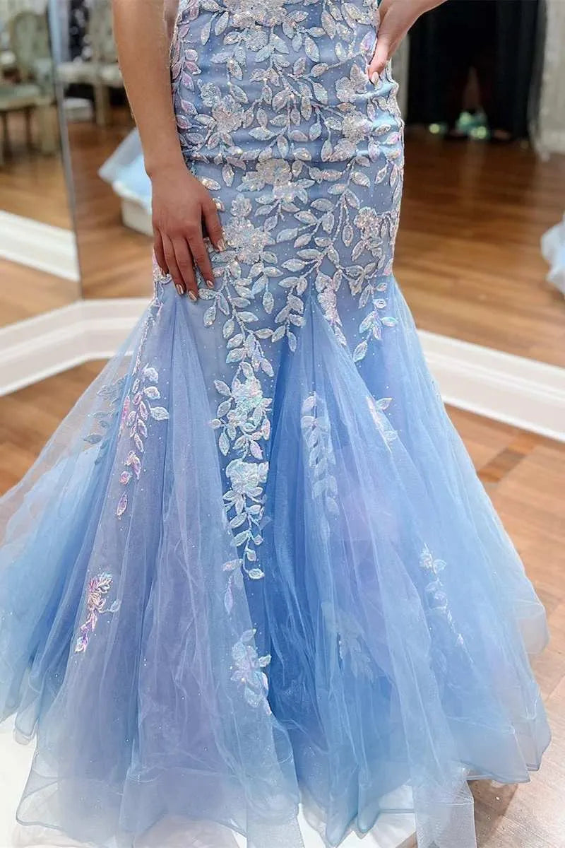 Lace Applique Mermaid V-Neck Sleeveless Lace-Up Floor-Length Prom Gown