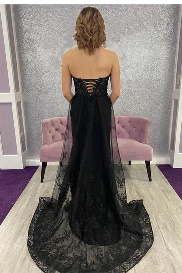 Vestido de fiesta largo de sirena sin tirantes, sin mangas, con cordones y apliques de encaje
