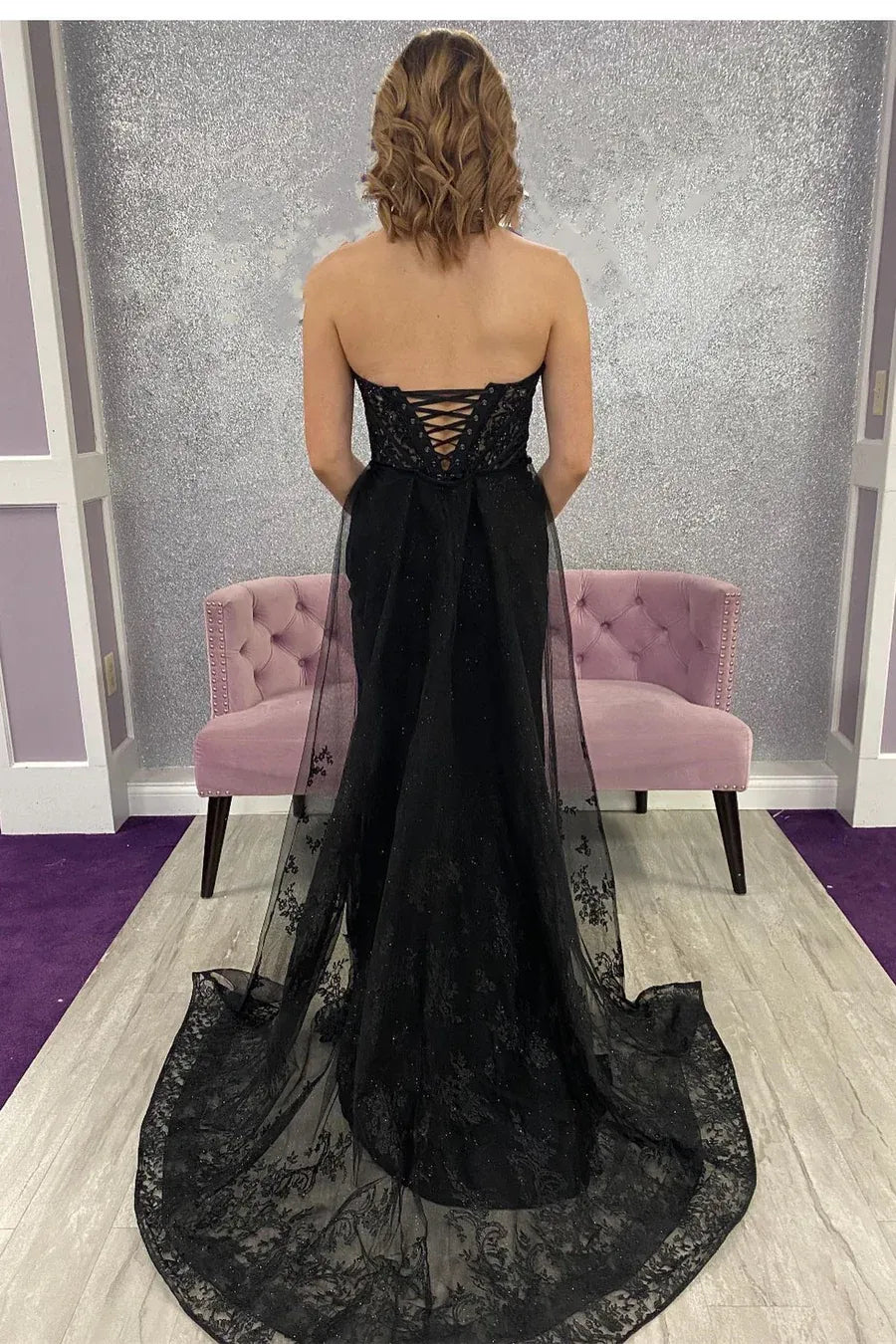 Lace Embellished Mermaid Strapless Sleeveless Lace-Up Floor-Length Prom Gown