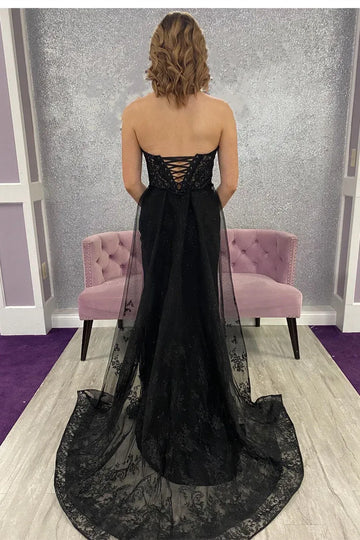 Lace Embellished Mermaid Strapless Sleeveless Lace-Up Floor-Length Prom Gown