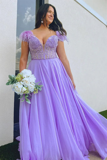 Lace Feather Ball Gown Sweetheart Sleeveless Backless Floor-Length Prom Gown