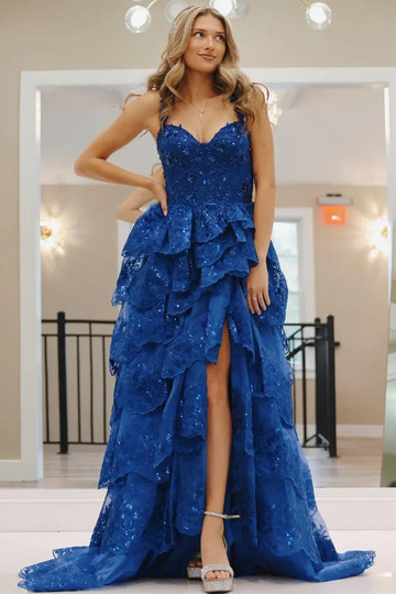 Vestido de fiesta de encaje con volantes, escote corazón, sin mangas, sin espalda, largo hasta el suelo