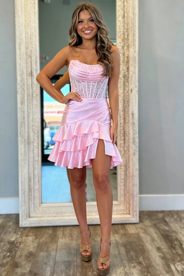 Lace Satin Bodycon Strapless Sheer Corset Ruched High Slit Ruffle Mini Homecoming Dress