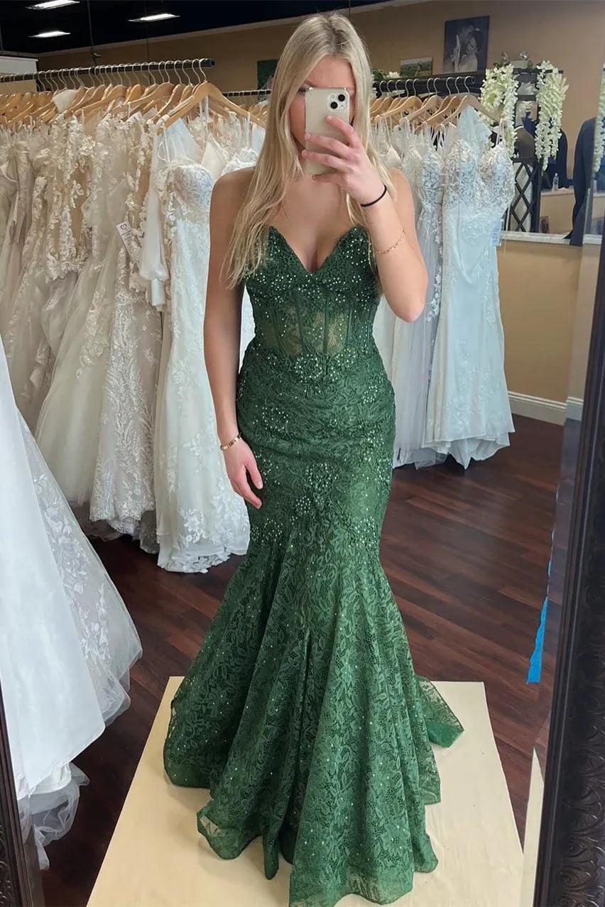 Vestido de fiesta largo de encaje con lentejuelas, corte sirena, escote corazón, sin mangas y sin espalda