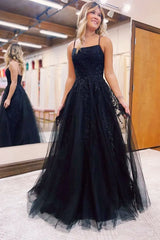 Lace Tulle A-Line Square Neck Spaghetti Strap Prom Gown