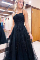 Lace Tulle A-Line Square Neck Spaghetti Strap Prom Gown