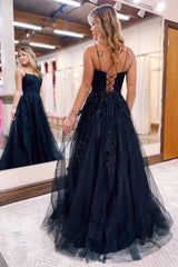 Lace Tulle A-Line Square Neck Spaghetti Strap Prom Gown