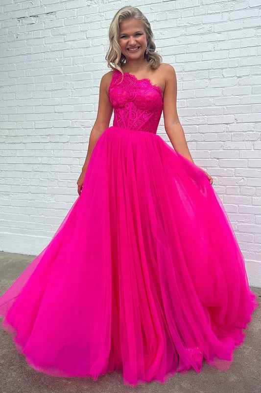 Lace Tulle Ball Gown One-Shoulder Long Sleeve Backless Floor-Length Prom Gown