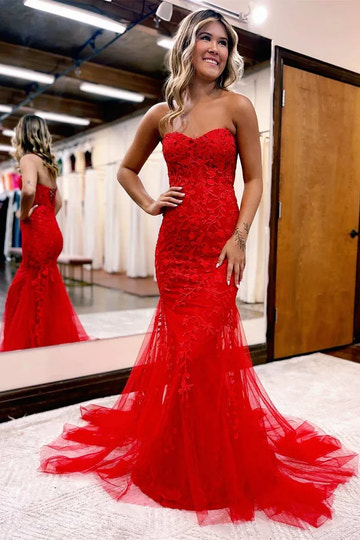 Lace Tulle Mermaid Sweetheart Strapless Floor-Length Prom Gown