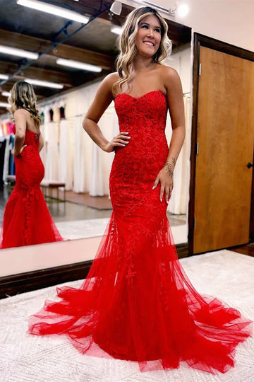 Lace Tulle Mermaid Sweetheart Strapless Floor-Length Prom Gown