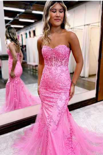 Lace Tulle Mermaid Sweetheart Strapless Floor-Length Prom Gown