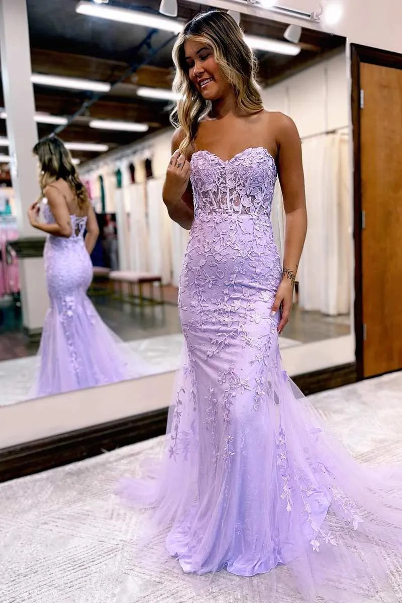 Lace Tulle Mermaid Sweetheart Strapless Floor-Length Prom Gown