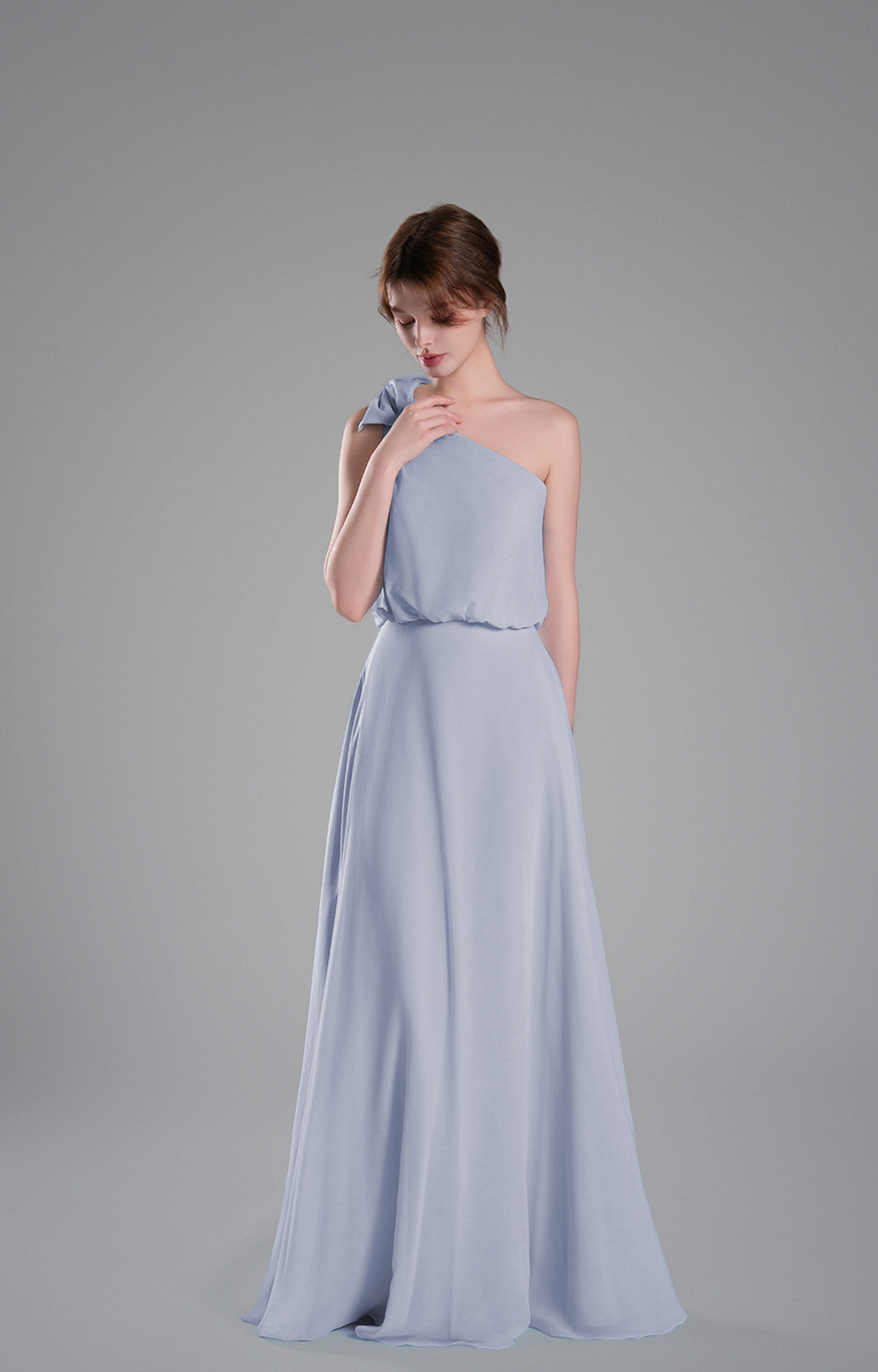 One-Shoulder Chiffon Bridesmaid Dress Flowy Floor-Length Evening Gown Bow Detail Flowing A-Line Dresses