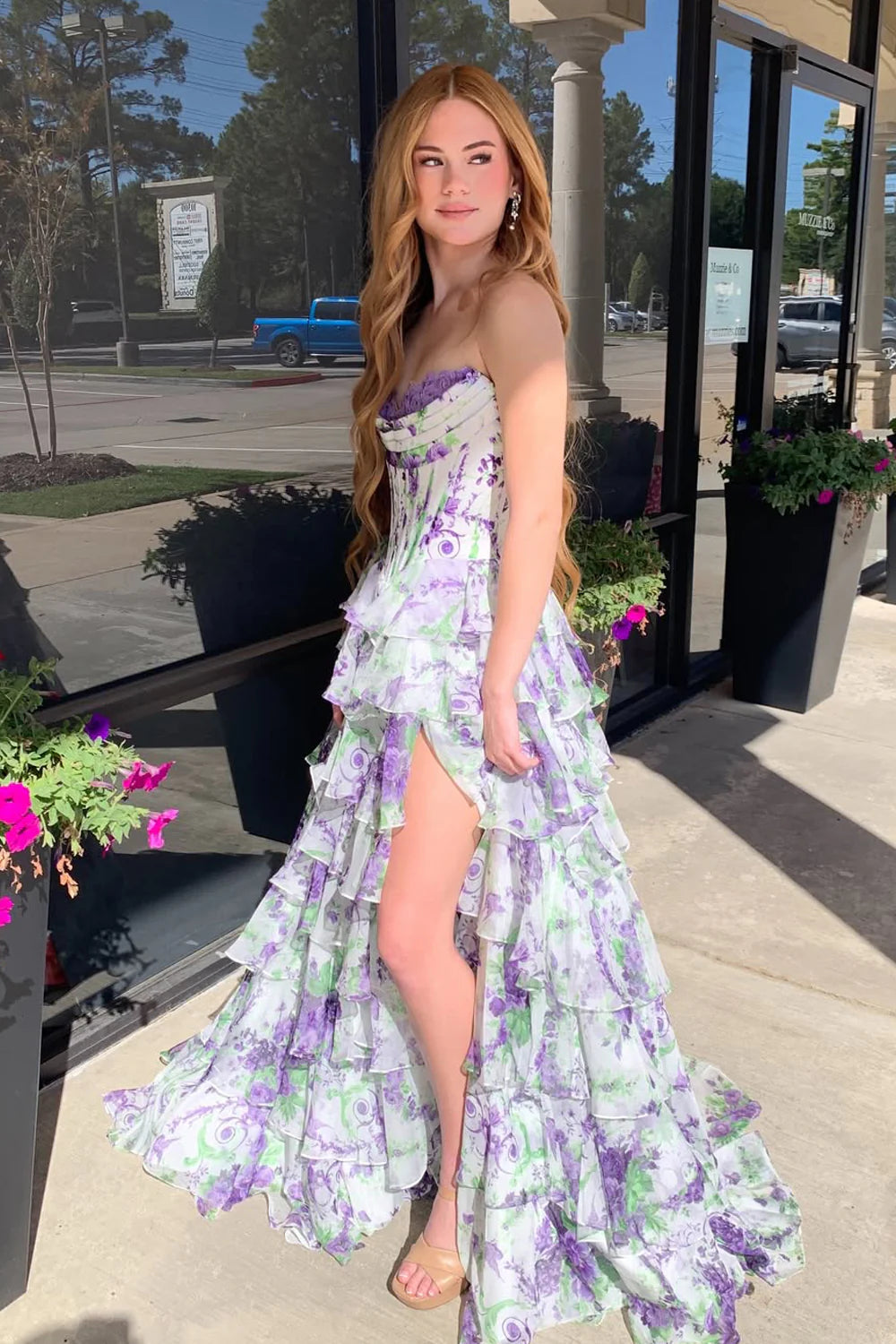 Elegant Floral Tulle A-Line Strapless Corset Ruffle Slit Prom Dres