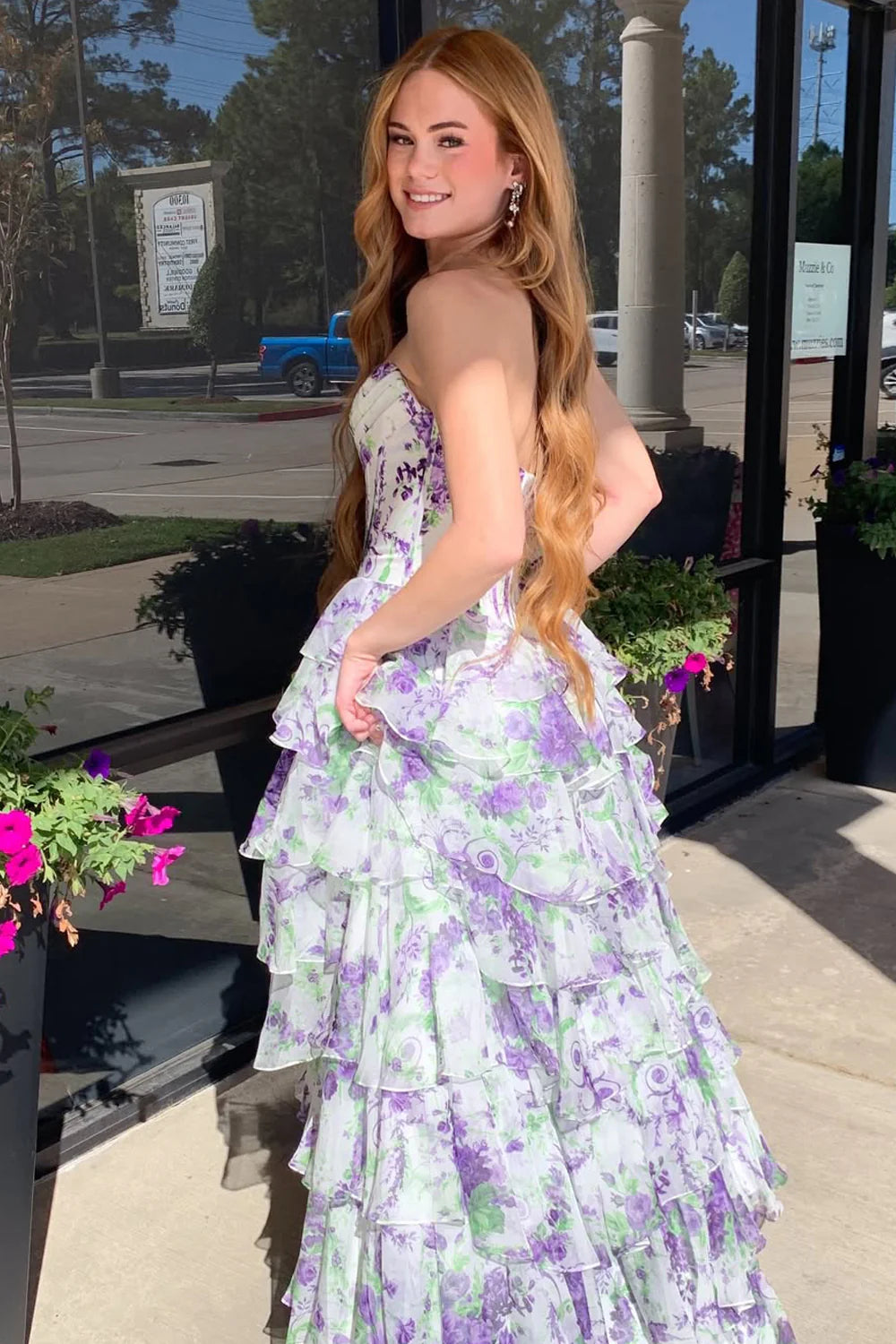 Elegant Floral Tulle A-Line Strapless Corset Ruffle Slit Prom Dres