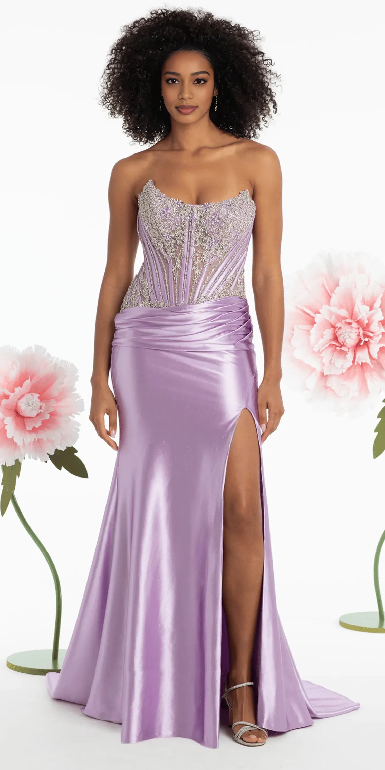 Glamorous Rhinestone Corset Column Beaded Strapless Sheer Back Satin Train Evening Gown