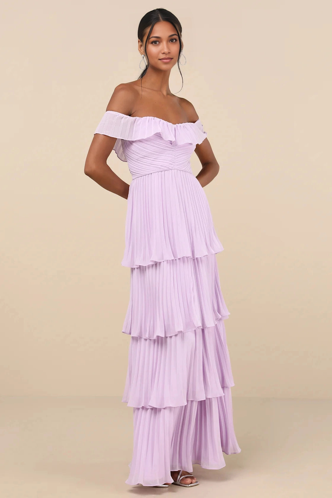 Vedress Chiffon Tiered Off Shoulder Open Back Maxi Bridesmaid Gown