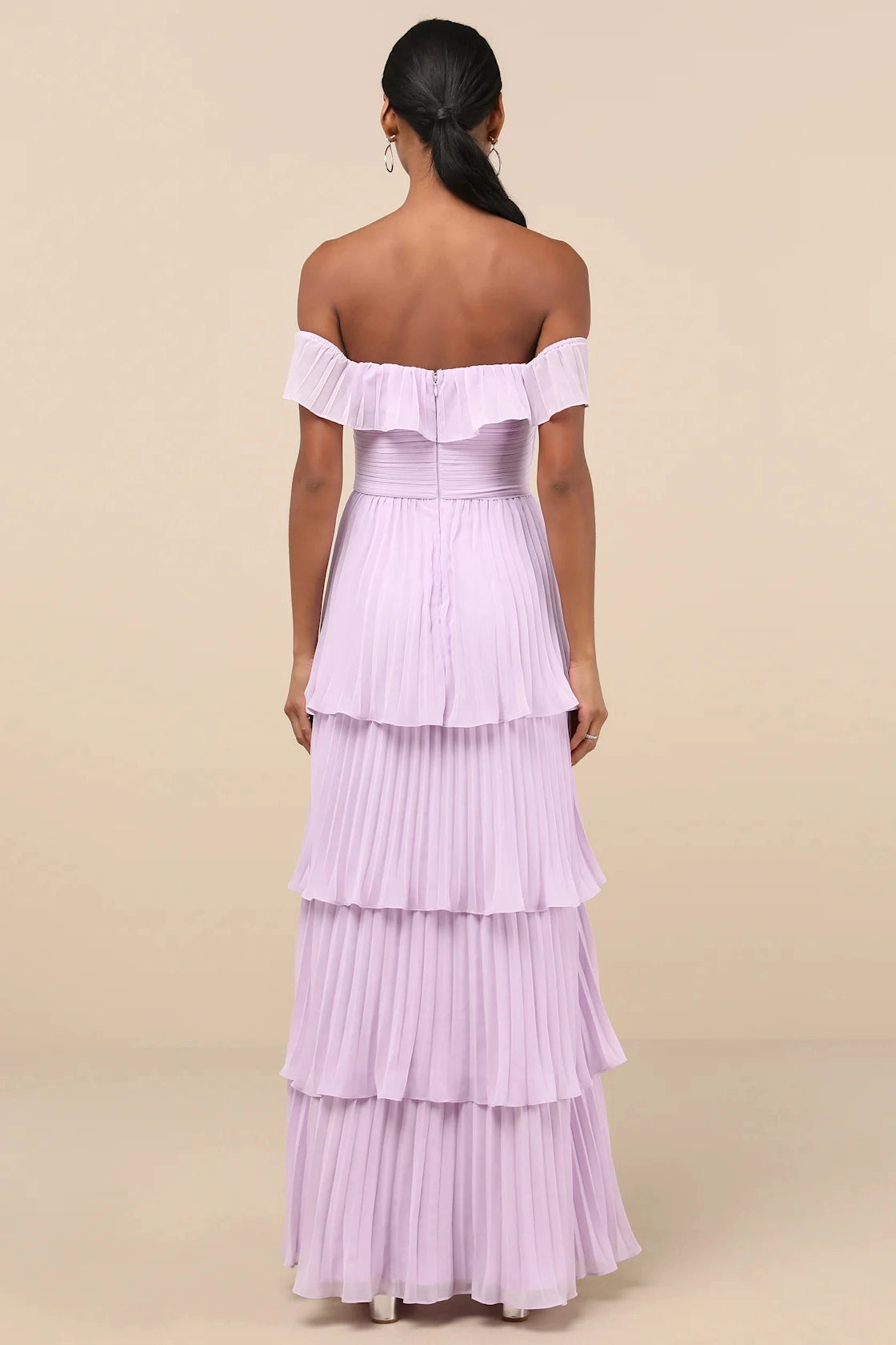 Vedress Chiffon Tiered Off Shoulder Open Back Maxi Bridesmaid Gown