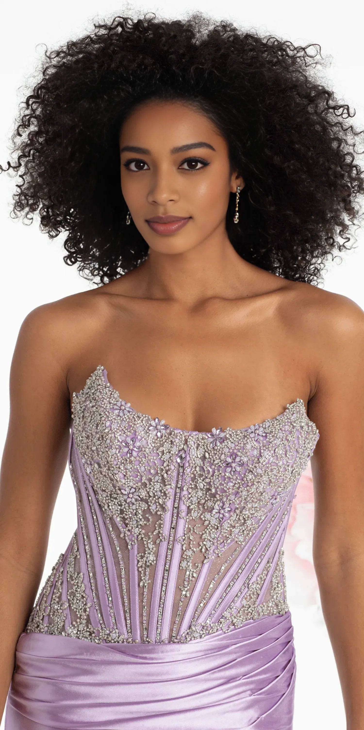 Glamorous Rhinestone Corset Column Beaded Strapless Sheer Back Satin Train Evening Gown