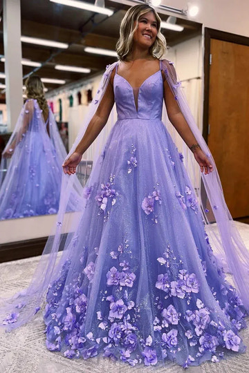 Lavender 3D Floral A-Line Deep V Spaghetti Strap Backless Maxi Prom Gown