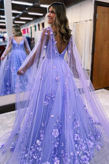Lavender 3D Floral A-Line Deep V Spaghetti Strap Backless Maxi Prom Gown