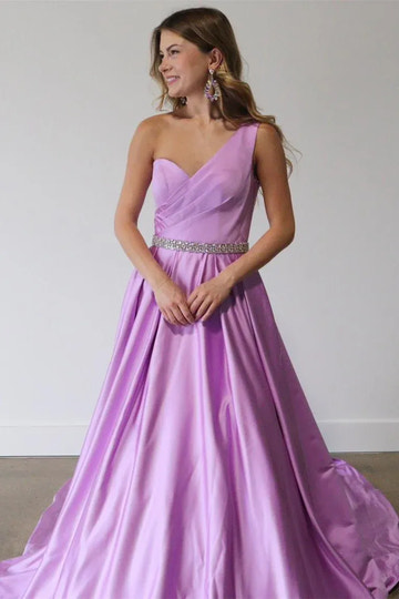 Lavender Satin A-Line One Shoulder Sleeveless Backless Maxi Prom Gown