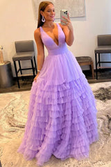 Lavender Tulle A-Line Deep V Spaghetti Strap Backless Maxi Prom Gown
