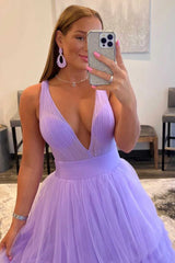 Lavender Tulle A-Line Deep V Spaghetti Strap Backless Maxi Prom Gown