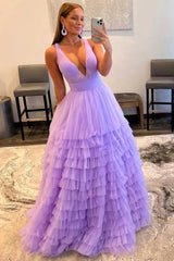 Lavender Tulle A-Line Deep V Spaghetti Strap Backless Maxi Prom Gown