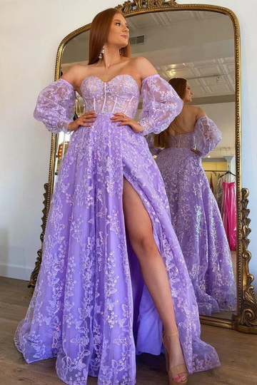 Vestido de fiesta lavanda de tul corte A con hombros descubiertos y manga larga