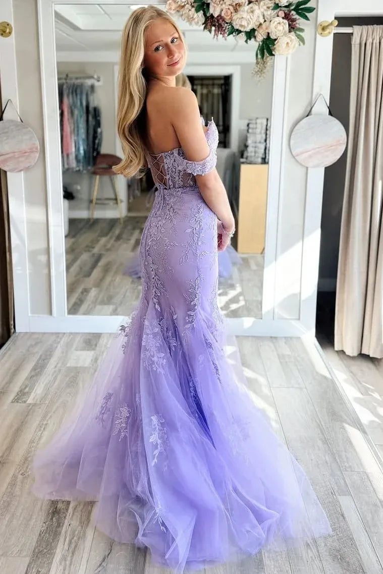Lavender Tulle Mermaid Off-The-Shoulder Backless Maxi Prom Gown