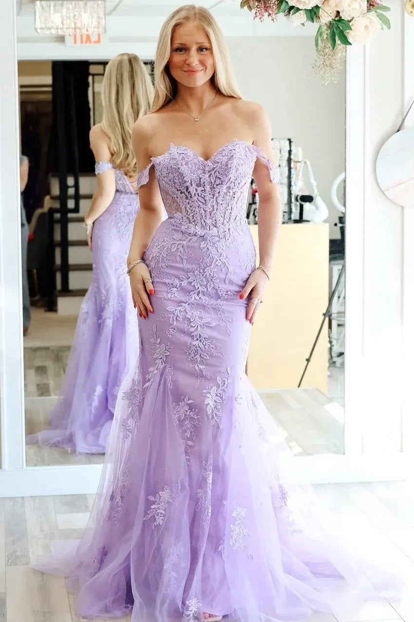 Lavender Tulle Mermaid Off-The-Shoulder Backless Maxi Prom Gown