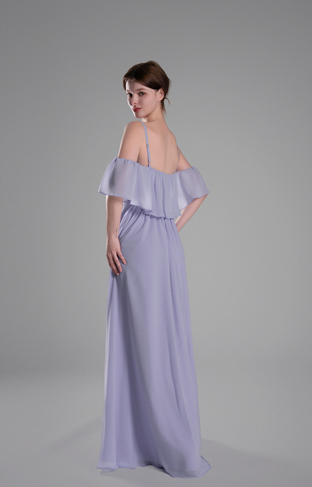 Elegant Off-the-Shoulder Chiffon Bridesmaid Dress with Ruffle Sleeves and Side Slit Floor-Length Evening Gown