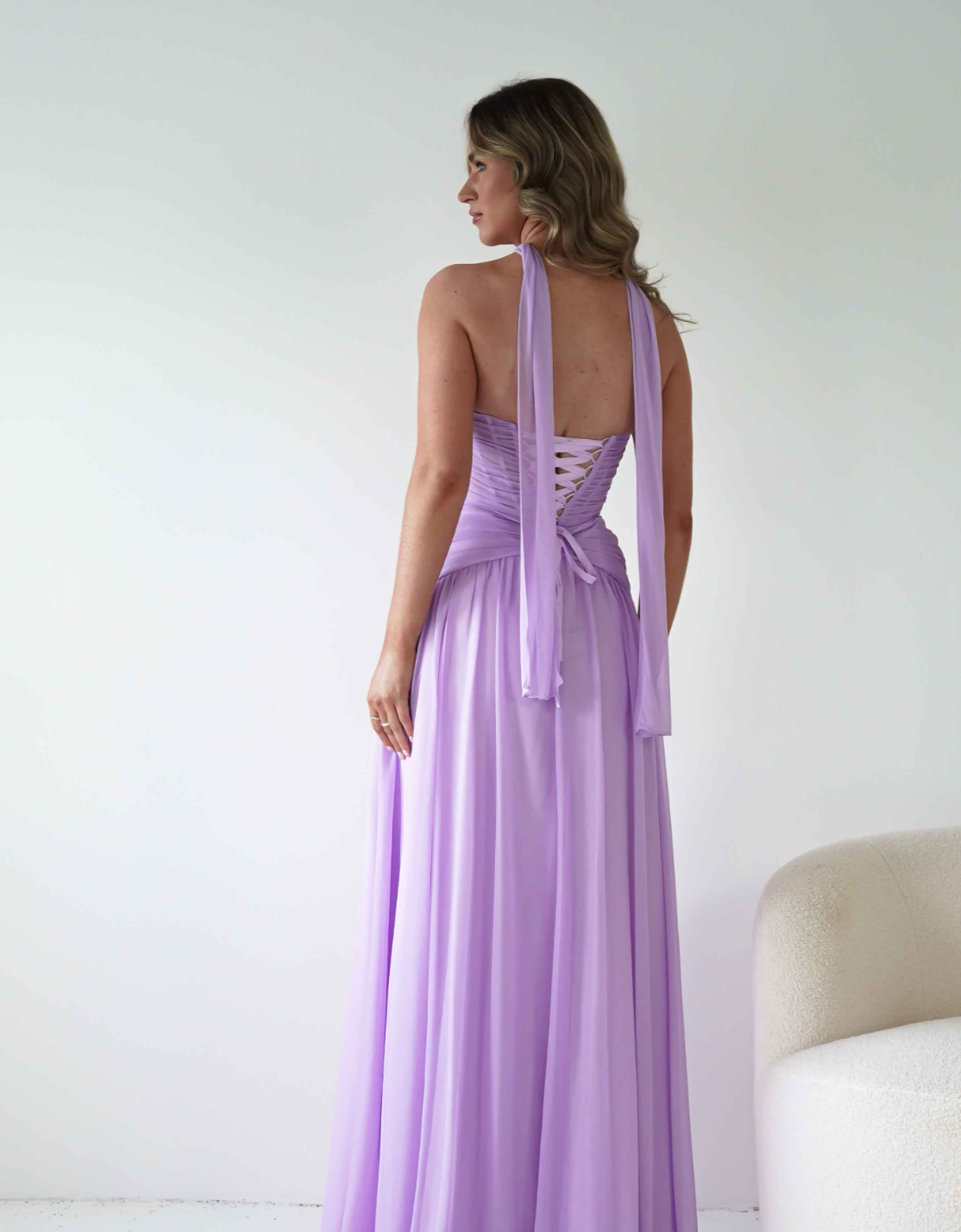 Elegant Strapless Corset-Style Chiffon Bridesmaid Dress with Tulle Lace-Up Panel and A-Line Prom Dresses