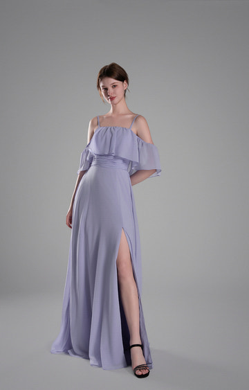 Elegant Off-the-Shoulder Chiffon Bridesmaid Dress with Ruffle Sleeves and Side Slit Floor-Length Evening Gown