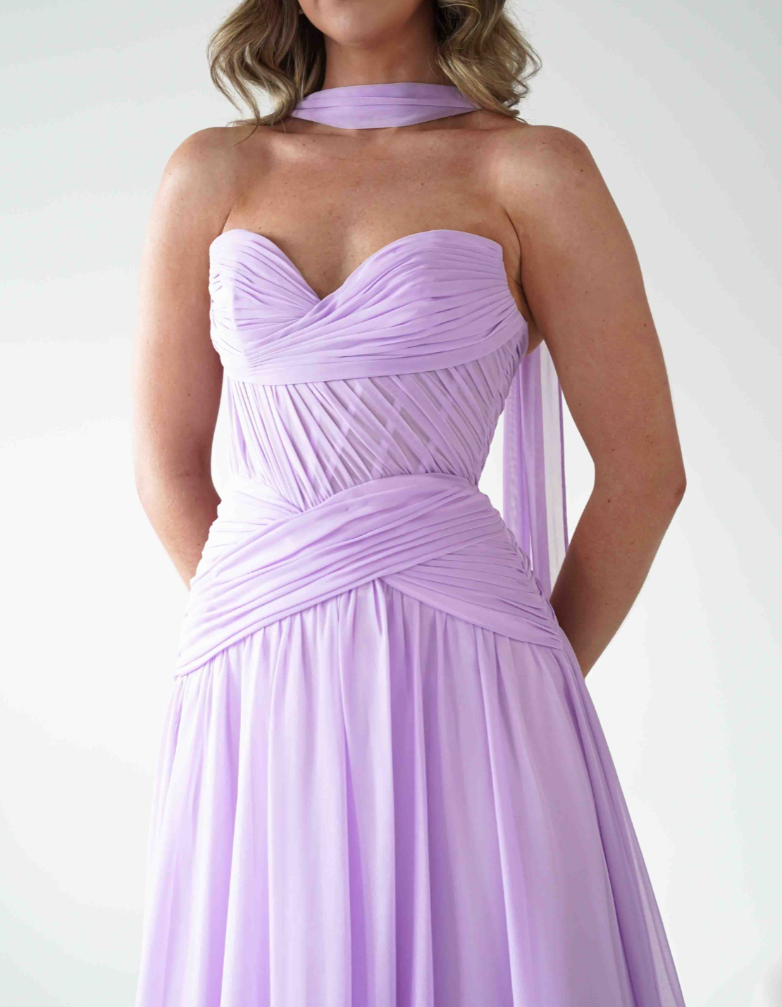 Elegant Strapless Corset-Style Chiffon Bridesmaid Dress with Tulle Lace-Up Panel and A-Line Prom Dresses