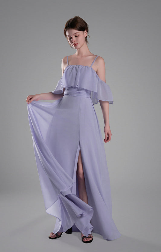 Elegant Off-the-Shoulder Chiffon Bridesmaid Dress with Ruffle Sleeves and Side Slit Floor-Length Evening Gown