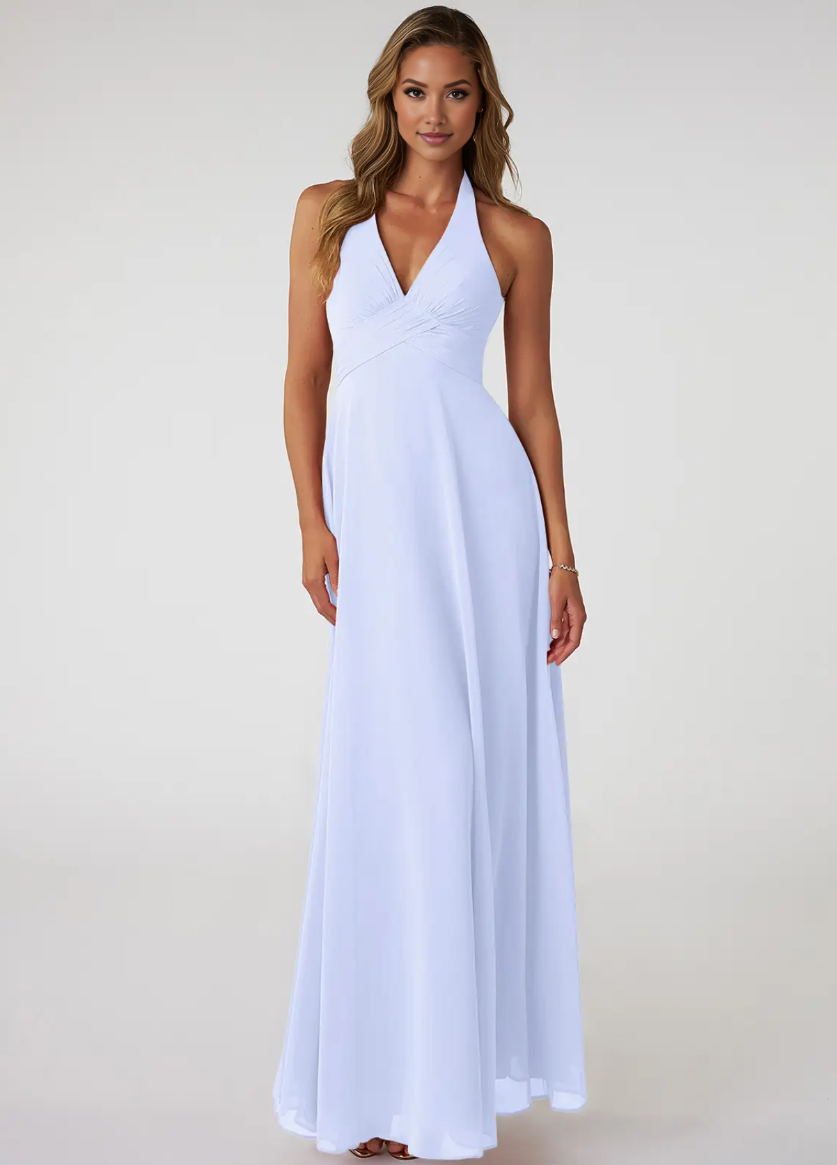 Women's  V-Neck Pleated Chiffon Coctail Bridesmaid Dresses Ruching A-Line Maxi Formal Evening Gown