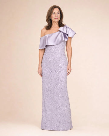 Vedress lavender sequin mermaid long mother of the bride dress,front view one‑shoulder ruffled satin strap,full sequin embellished skirt,beige plain studio background