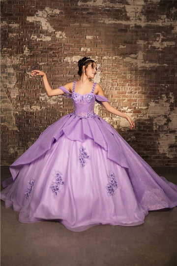 Lavender glitter ball gown Quinceañera dress with sweetheart neckline and off-shoulder straps by Vedress
