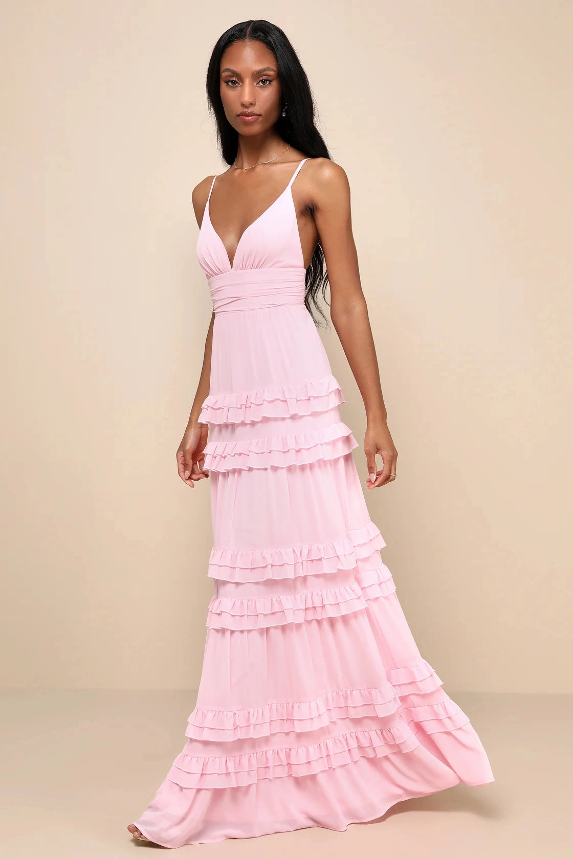 Blush Pink Tiered V Neck Sleeveless Low Back Maxi Bridesmaid Gown Vedress