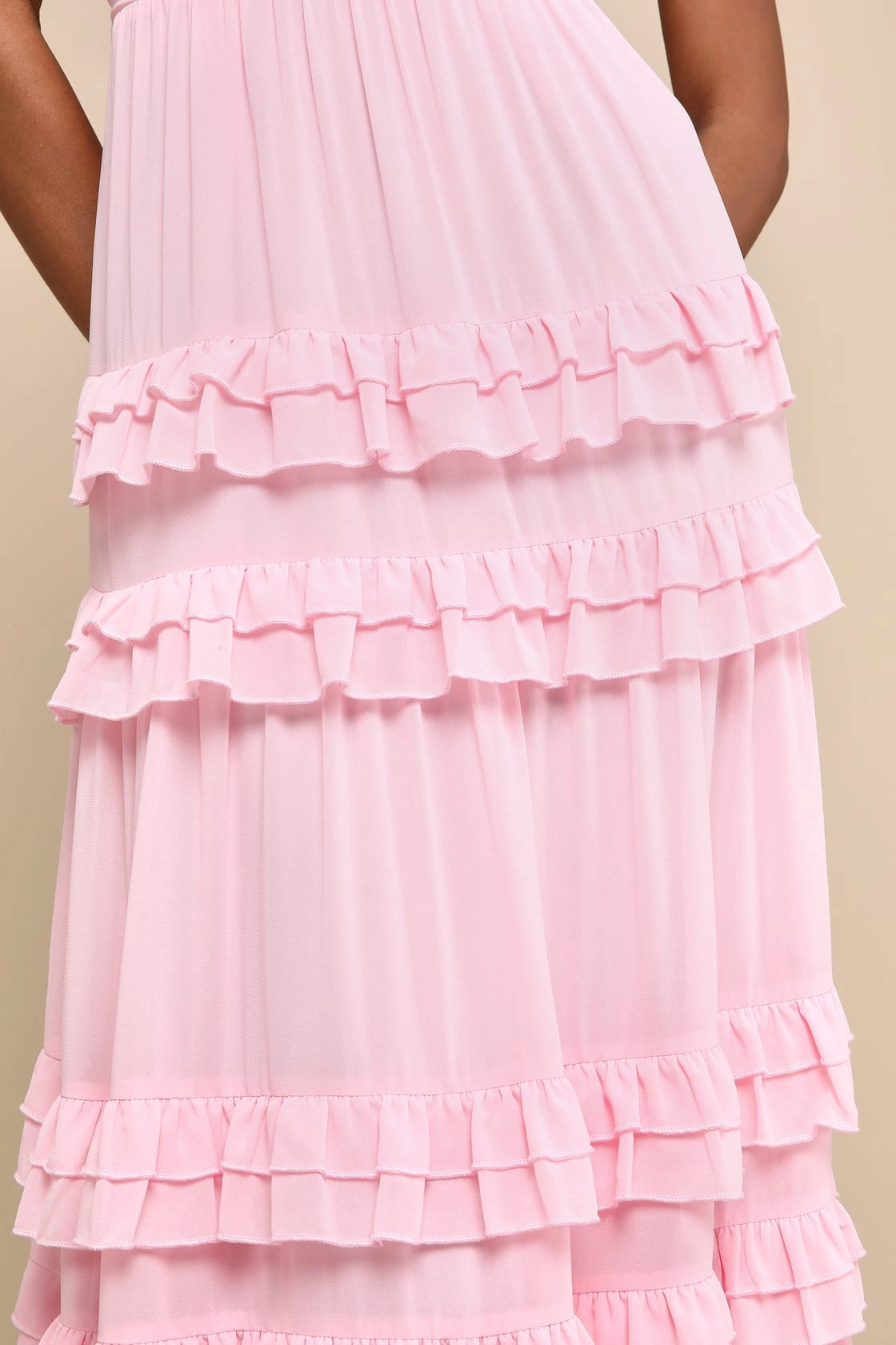 Blush Pink Tiered V Neck Sleeveless Low Back Maxi Bridesmaid Gown Vedress