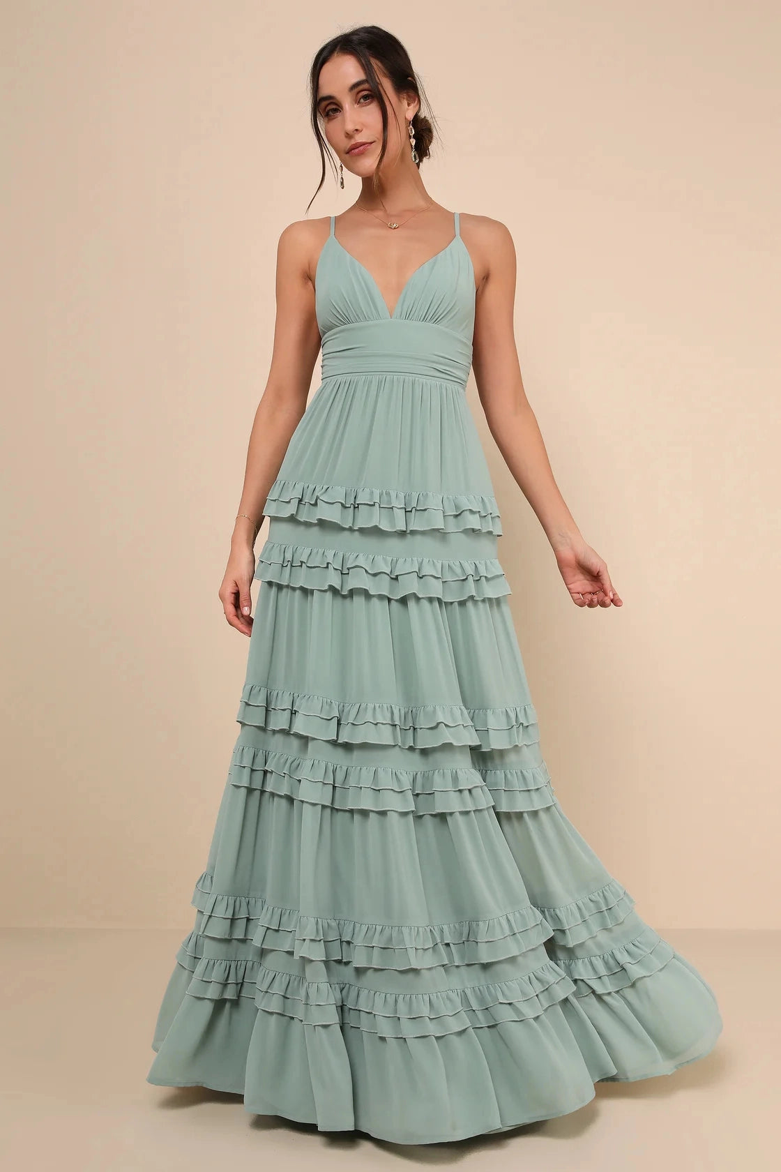 Blush Pink Tiered V Neck Sleeveless Low Back Maxi Bridesmaid Gown Vedress